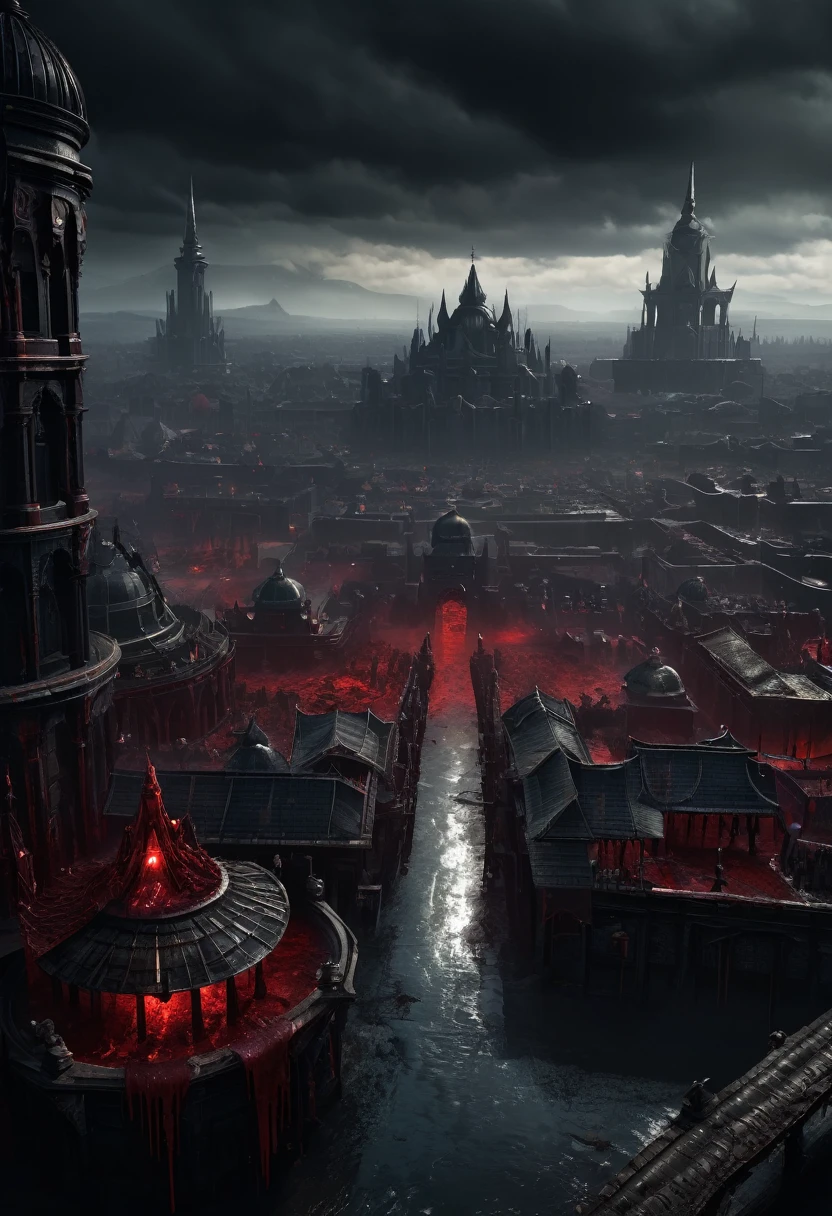 a dark and blood covered Capital City from Elden Ring