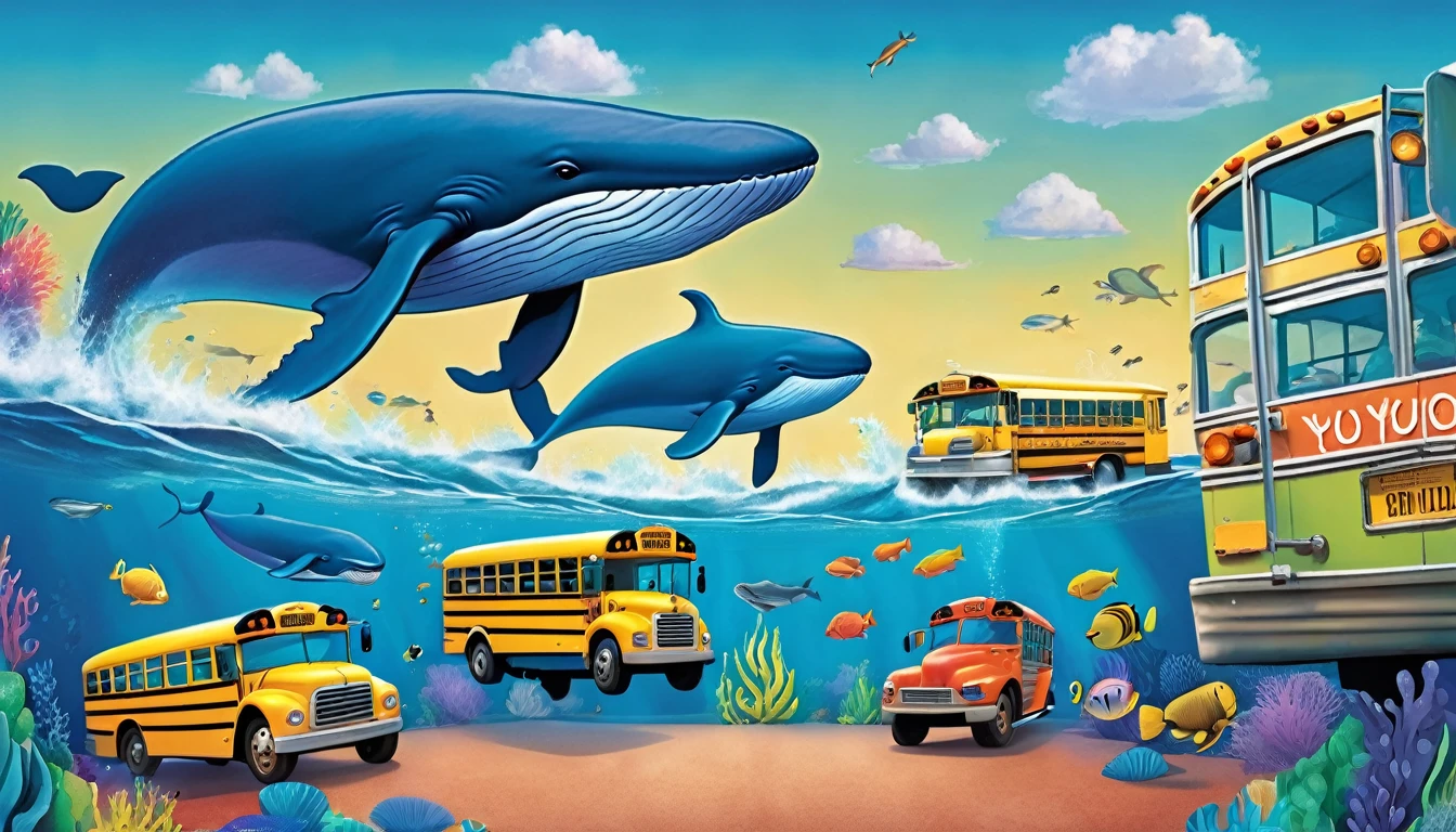 Create a 3-D Pixar style art scene for kids featuring a blue whale swimming beside three school buses for size comparison. The scene should be colorful and vibrant, with an ocean background, coral reefs, and schools of fish. The text 'Did you know? Whales are the biggest animals on Earth!' should be prominently displayed. The overall mood should be engaging and inviting for young children.