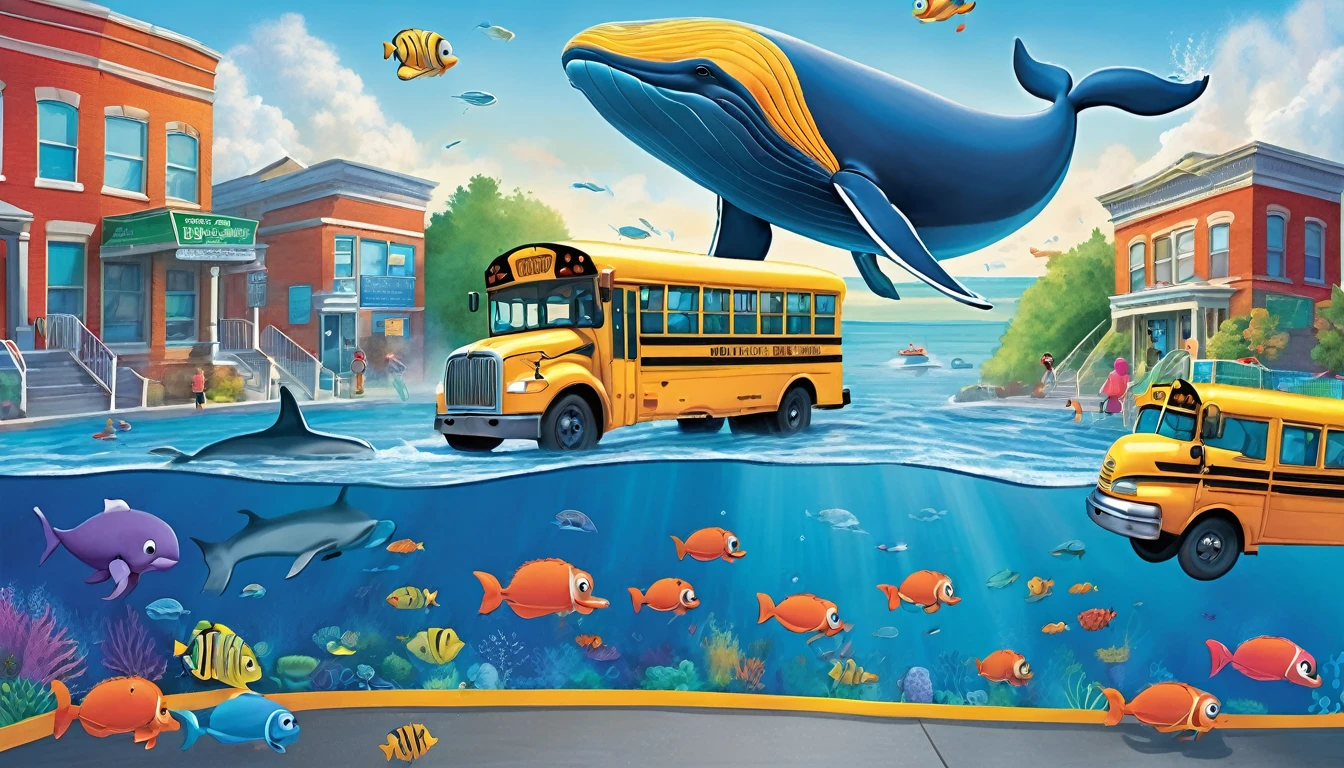 Create a 3-D Pixar style art scene for kids featuring a blue whale swimming beside three school buses for size comparison. The scene should be colorful and vibrant, with an ocean background, coral reefs, and schools of fish. The text 'Did you know? Whales are the biggest animals on Earth!' should be prominently displayed. The overall mood should be engaging and inviting for young children.