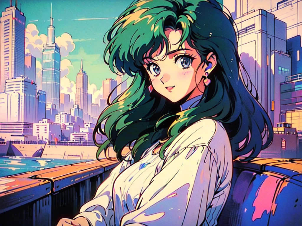 (80's, retro, city pop:1.5), (album cover), (masterpiece, best quality), (anime, illustration), (pastel colors:1.4), 
best photo pose, dynamic angle,
girl, solo, smile, perfect detail eyes, delicate face,
City Scenes, night city, tokyo, high fashion, 