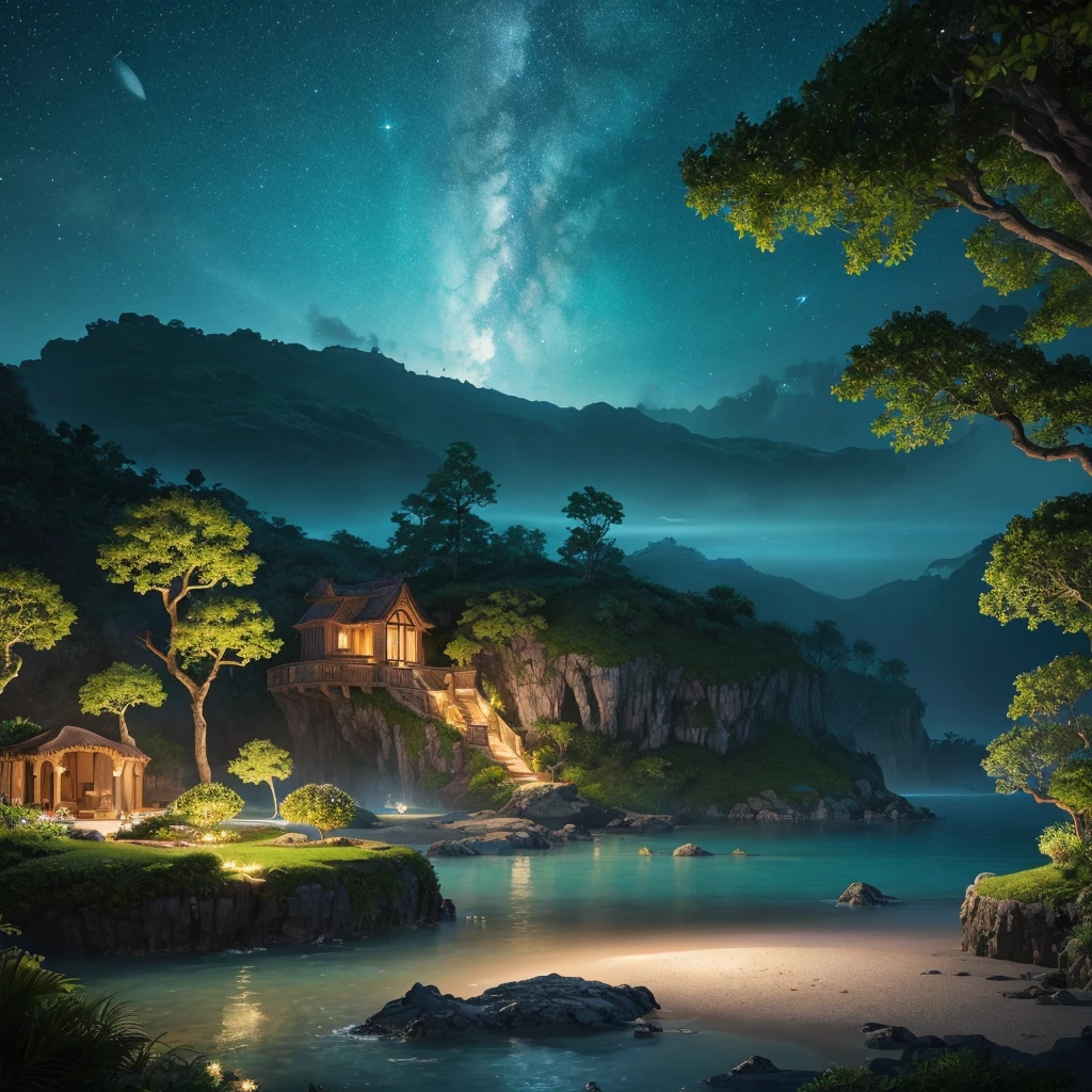 A stunning illustration of an Island oasis under the moonlight, rendered in lavish digital painting, depicting a tranquil utopia bathed in an ethereal, soft blue glow, with delicate silver glitter dispersed across the lush, emerald-green foliage and powdery white sandy shores, exuding a sense of serene luxury, evoking the dreamlike quality of a cinematic fantasy, with vibrant accents of turquoise and amber, set against a backdrop of dark, starry skies, infused with an air of mystique and romance, in ultra-high resolution, best quality.