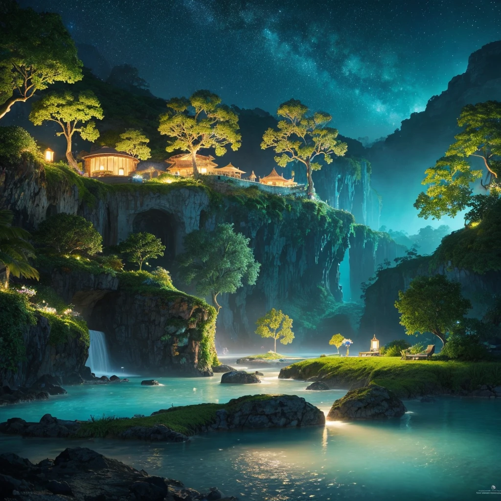 A stunning illustration of an Island oasis under the moonlight, rendered in lavish digital painting, depicting a tranquil utopia bathed in an ethereal, soft blue glow, with delicate silver glitter dispersed across the lush, emerald-green foliage and powdery white sandy shores, exuding a sense of serene luxury, evoking the dreamlike quality of a cinematic fantasy, with vibrant accents of turquoise and amber, set against a backdrop of dark, starry skies, infused with an air of mystique and romance, in ultra-high resolution, best quality.