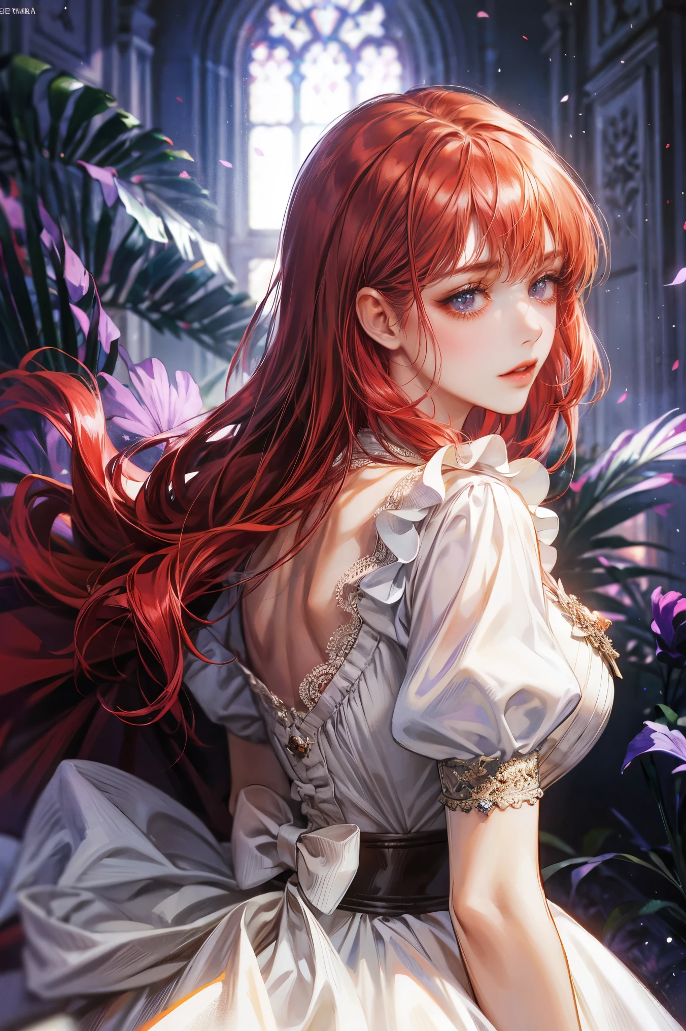 red hair woman, fringe on the sides, looking at the viewer, violet eyes, white dress with ruffles, Princess