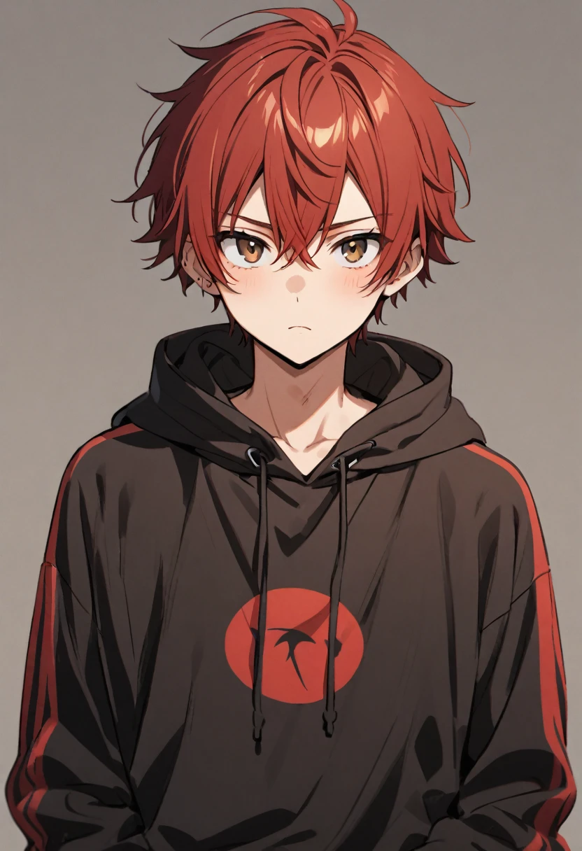 A boy with red hair, Brown eyes, dressed in a black sweatshirt