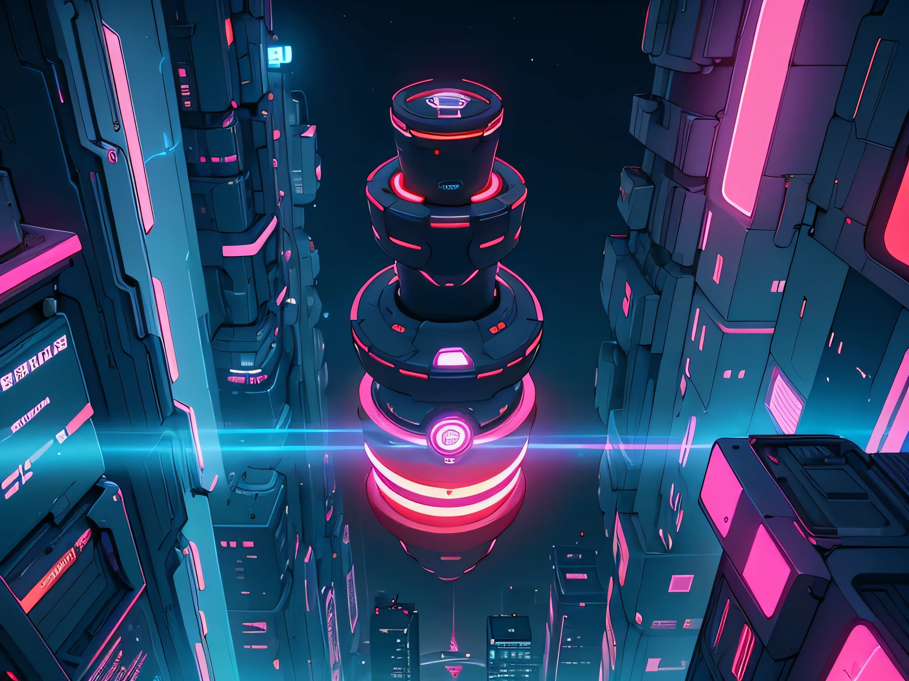 Top view of a small oval-shaped transport capsule jutting out over a vast, endless sea of urban buildings, with neon glows of varying colors.
colors and dark red tube magnetic rails that attach them to the upper level of the immense futuristic city, like
floating chains that anchor the different levels together. cyberpunk night theme
