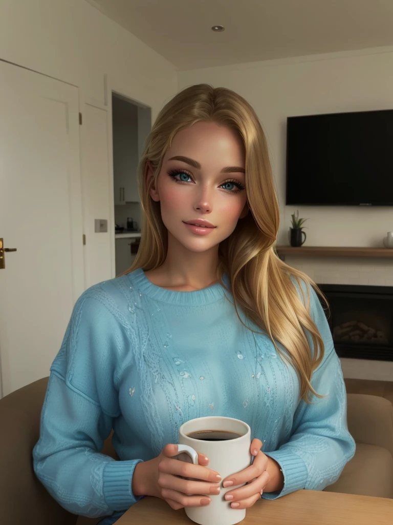 beautiful realistic blonde woman with blue sweater drinking coffee at home