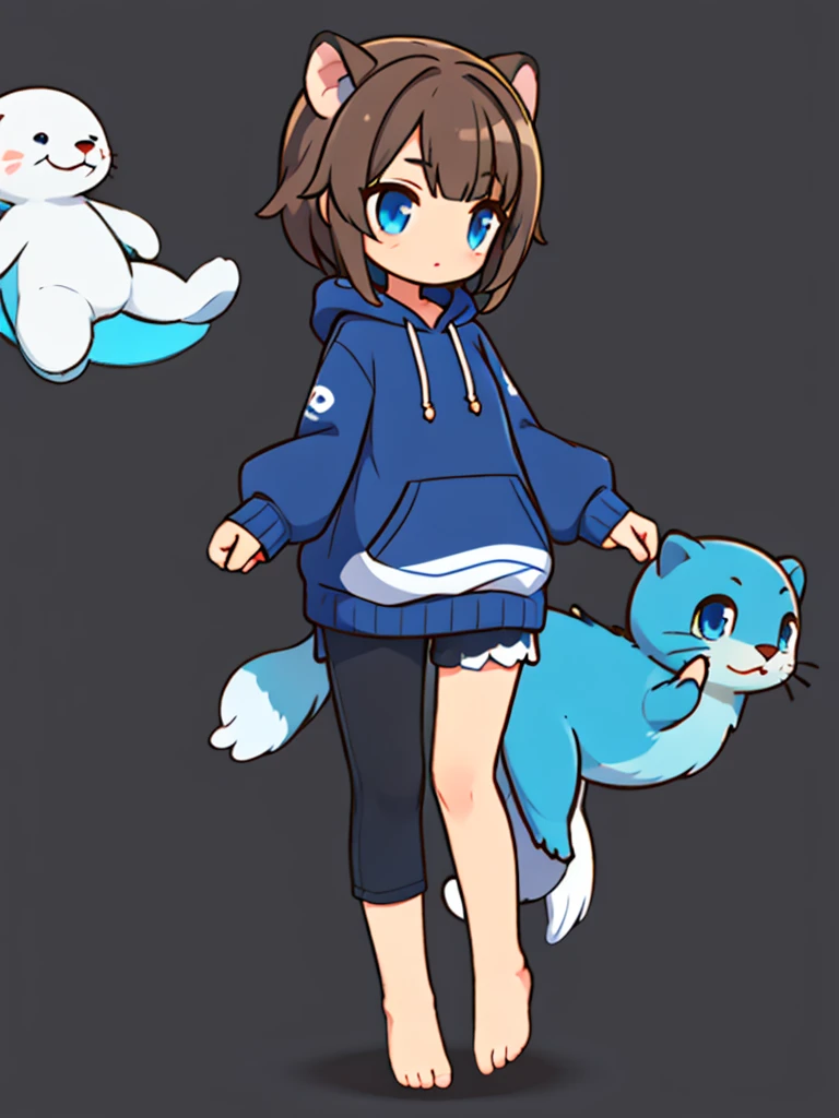 a sea otter with otter ears // with light blue eyes // a dark blue hoodie // brown hair with gray and white highlights ((half of the body))