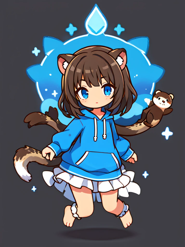 a sea otter with otter ears // with light blue eyes // a dark blue hoodie // brown hair with gray and white highlights ((half of the body))