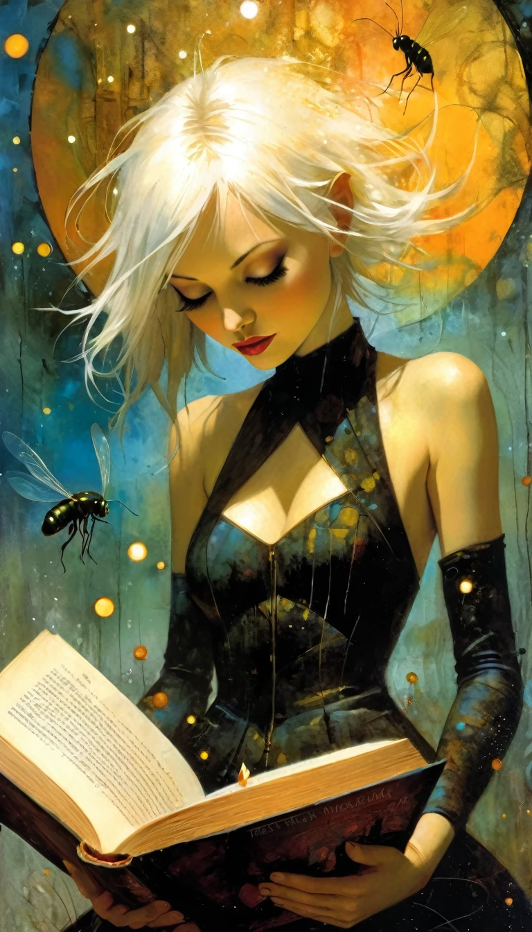 (((Best quality))), (((Ultra detailed))), ((((vivid)))), large library, books, ((particles, fireflies come out of an open book)), nostalgia, fantasy, 1 girl, white hair, sexy (art inspired by Bill Sienkiewicz). oil painting) (best quality,4k,8k,highres,masterpiece:1.2),ultra-detailed,(realistic,photorealistic,photo-realistic:1.37),intricate details,vivid colors,sharp focus,professional,Dave McKean artwork, oil touch of surrealism,oil painting style