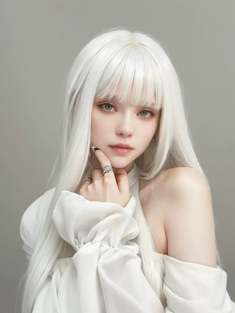 there is a woman with white hair posing for a photo, white hime cut hairstyle, long white hair and bangs, whitebangs, with white long hair, with long white hair, white hair color, with white hair, white hair with bangs, Beautiful white hair, her hair is white, perfect white haired girl, cabelo com whitebangs, intense white hair