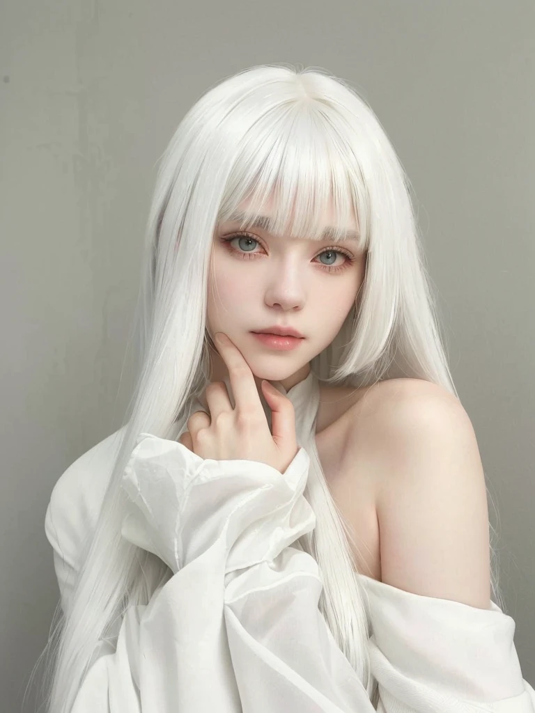 there is a woman with white hair posing for a photo, white hime cut hairstyle, long white hair and bangs, whitebangs, with white long hair, with long white hair, white hair color,  with white hair, white hair with bangs, Beautiful white hair, her hair is white, perfect white haired girl, cabelo com whitebangs, intense white hair