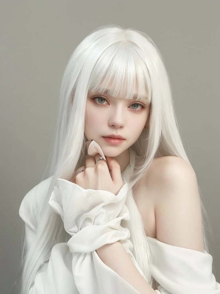 there is a woman with white hair posing for a photo, white hime cut hairstyle, long white hair and bangs, whitebangs, with white long hair, with long white hair, white hair color, with white hair, white hair with bangs, Beautiful white hair, her hair is white, perfect white haired girl, cabelo com whitebangs, intense white hair