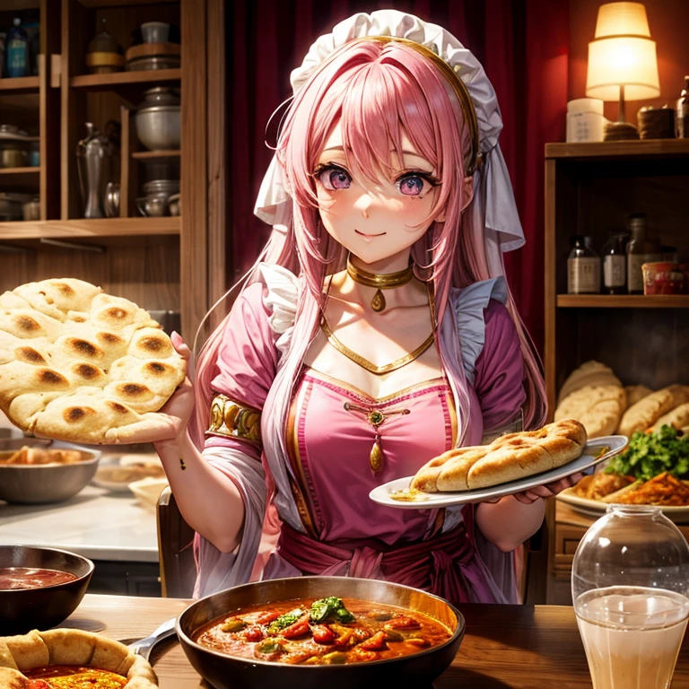 Pink haired goddess eating naan curry　Indian traditional clothing　