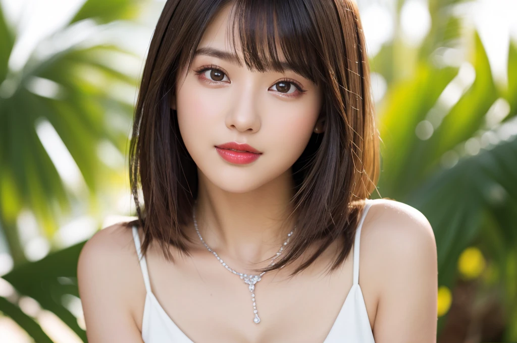 (Highest quality、On the table、8K、Best image quality、Award-winning works)、(Young girl, :1.3)、(White camisole:1.2)、(Red eyeshadow:1.2)、Perfect Makeup、Long eyelashes、Ultra HD Shining Eyes、Ultra HD Hair、Ultra-high resolution glossy lips、Ultra High Resolution Perfect Teeth、Ultra HD cute face、Brown Hair、(Very short straight hair:1.1)、Look at me and smile、[clavicle]、Accurate anatomy、Tropical Beach、(The most atmospheric warm light:1.2)、Blurred Background、Has bangs、Ultra-high-definition, shiny, moisturized face、Ultra-high resolution glowing skin、The most delicate face、Super high resolution detailed faces、ultra high resolution hair、Ultra high resolution glowing eyes、Beautiful face with delicate expression、Ultra high resolution glossy red lips、Big Breasts、Cleavage、Fashion Necklace、
