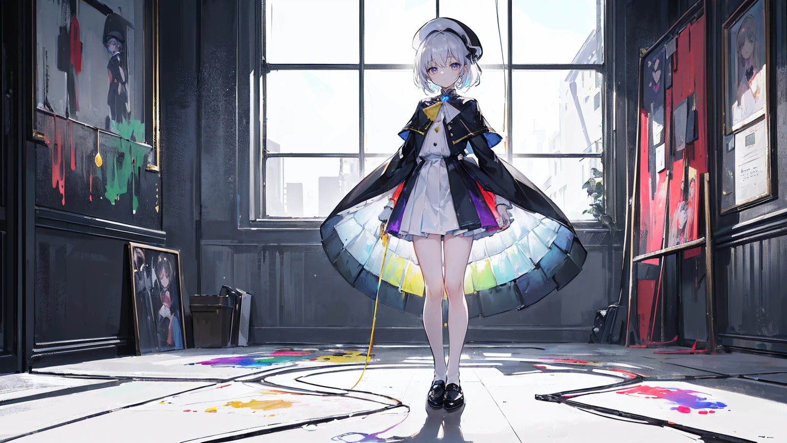 (Super detailed)),((illustration)),((masterpiece)),(((need))),((fine、Highest quality CG Unity 8K wallpapers,masterpiece),((4K,masterpiece,best quality)),rainbow发的大概16岁的少女,flat chest,short hair,Gold and silver eyes,Golden Apprentice Uniform,Black short cape,Berets,Black shoes,Paint flowing under your feet,White Silk,Take the color palette,White short skirt covered with paint,Monocle,The walls are covered with portraits,身边有rainbow,phantom,Exhaustion,Overworked,Look in the mirror,The mirror reflects me in different clothes,Standing in a white room,Paint condensed in the air,rainbow,individual,Full body picture