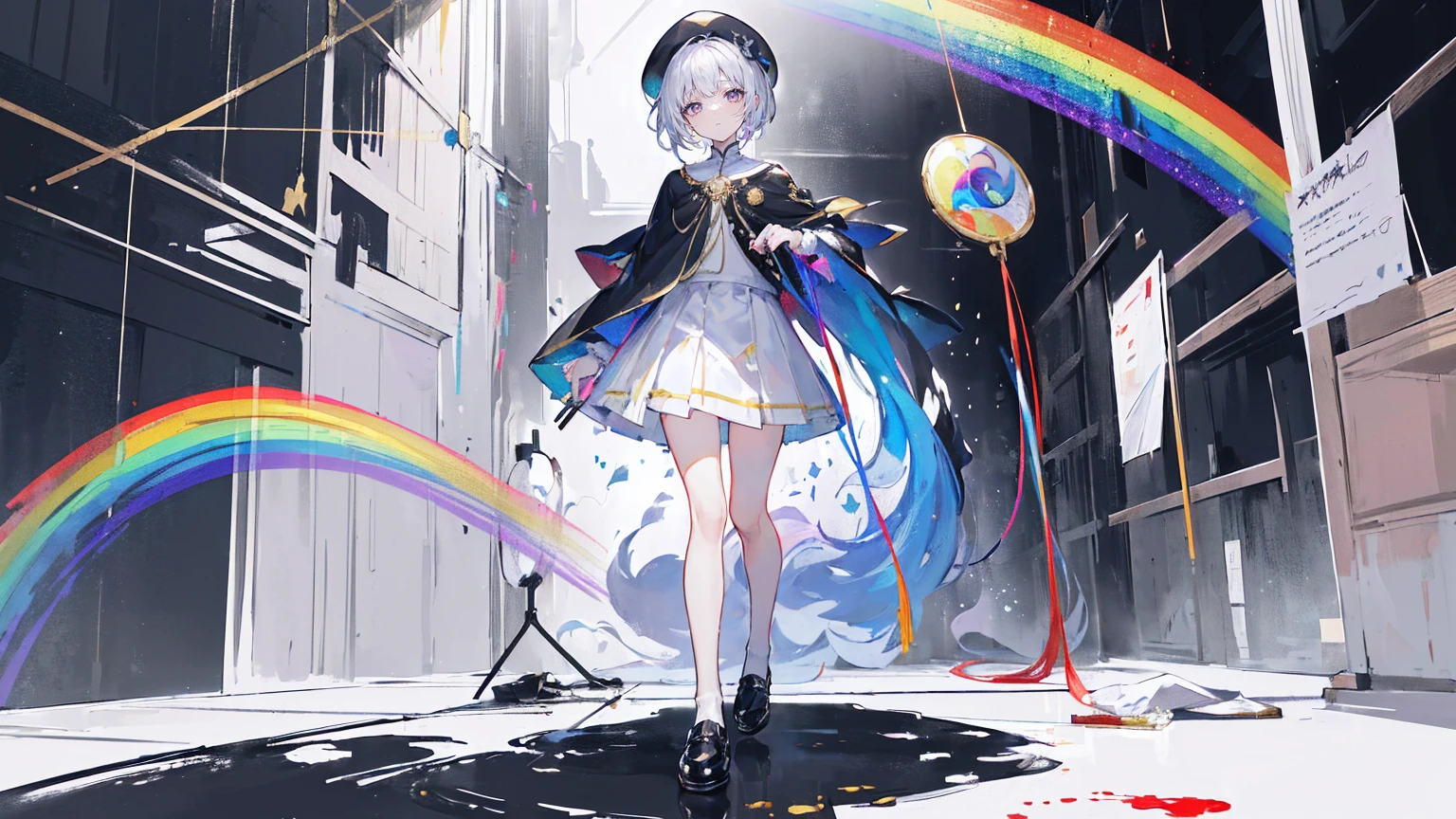 (Super detailed)),((illustration))，((masterpiece)),(((need))),((fine、Highest quality CG Unity 8K wallpapers，masterpiece），（（4K，masterpiece，best quality）），rainbow发的大概16岁的少女，flat chest，short hair，Gold and silver eyes，Golden Apprentice Uniform，Black short cape，Berets，Black shoes，Paint flowing under your feet，White Silk，Take the color palette，White short skirt covered with paint，Monocle，The walls are covered with portraits，身边有rainbow，phantom，Exhaustion，Overworked，Look in the mirror，The mirror reflects me in different clothes，Standing in a white room，Paint condensed in the air，rainbow，individual，Full body picture