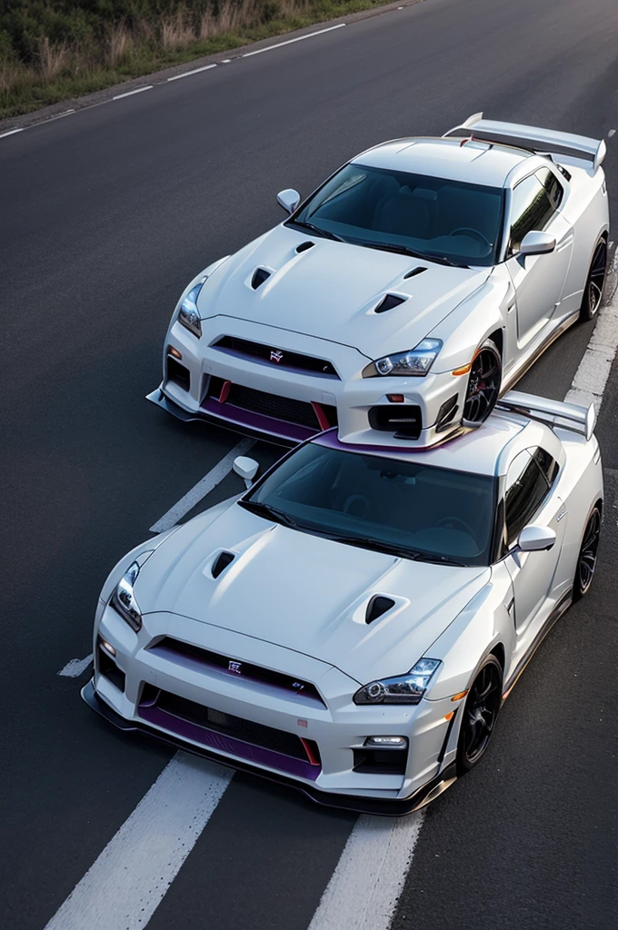anime styling, car nissan gtr r34, offwhite, purple details, on a road, sky landscape, daytime