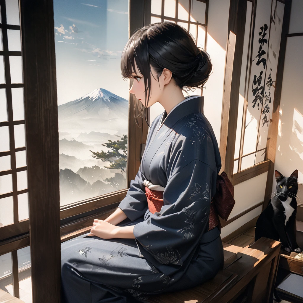 Girl with a cat, Ink Painting, In the tranquility of a traditional Japanese room, A girl wearing a kimono is sitting upright, Her eyes were fixed on the black cat that was perched on the window pane.. , Panoramic View, 8K,((masterpiece:1.4, Highest quality)), Black Hair, Brown eyes, (Depth of written boundary:1.3), Lower Body, High quality scenes, Vivid and photorealistic, Super detailed, 8K, masterpiece, elegant, Beautiful summer sky, Warm atmosphere, Clear lines, Official Art, Professional, Ultra high definition