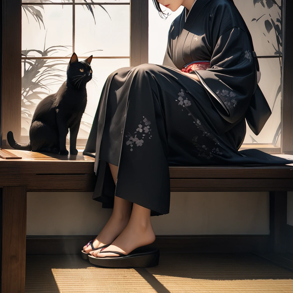 Girl with a cat, Ink Painting, In the tranquility of a traditional Japanese room, A girl wearing a kimono is sitting upright, Her eyes were fixed on the black cat that was perched on the window pane.. , Panoramic View, 8K,((masterpiece:1.4, Highest quality)), Black Hair, Brown eyes, (Depth of written boundary:1.3), Lower Body, High quality scenes, Vivid and photorealistic, Super detailed, 8K, masterpiece, elegant, Beautiful summer sky, Warm atmosphere, Clear lines, Official Art, Professional, Ultra high definition