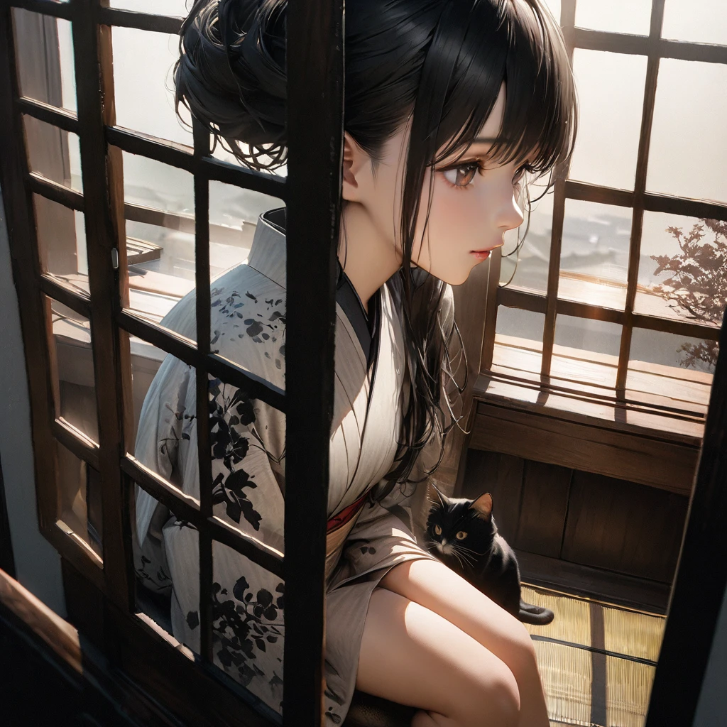 Girl with a cat, Ink Painting, In the tranquility of a traditional Japanese room, A girl wearing a kimono is sitting upright, Her eyes were fixed on the black cat that was perched on the window pane.. , Panoramic View, 8K,((masterpiece:1.4, Highest quality)), Black Hair, Brown eyes, (Depth of written boundary:1.3), Lower Body, High quality scenes, Vivid and photorealistic, Super detailed, 8K, masterpiece, elegant, Beautiful summer sky, Warm atmosphere, Clear lines, Official Art, Professional, Ultra high definition