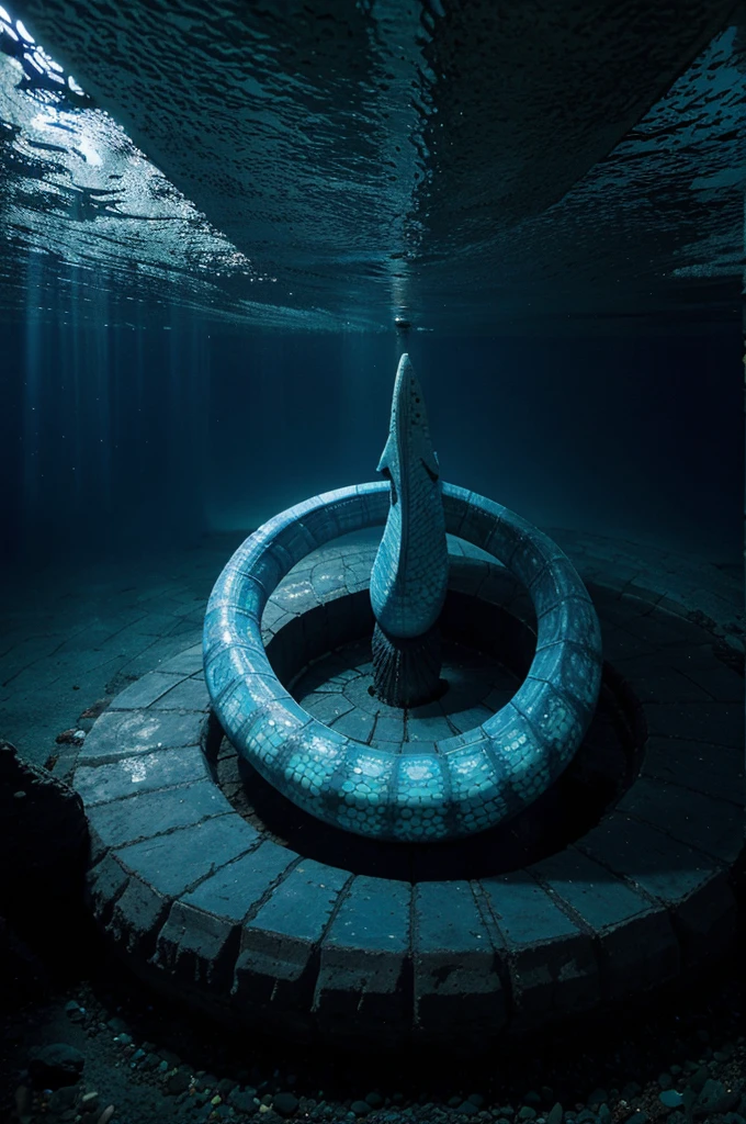 Deep underwater Naga, blue-black atmosphere, big white Naga.