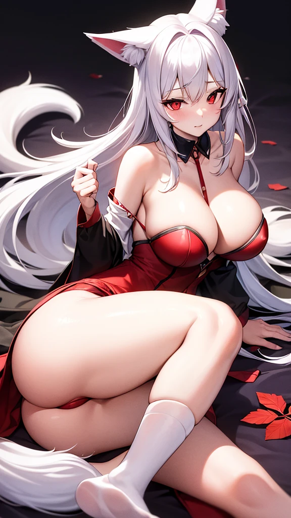 An adult woman half fox and wolf, wide breasts, red eyes, white hair, white fox ears back, very shy, and wears underwear, red socks, and lying down, and very sexy