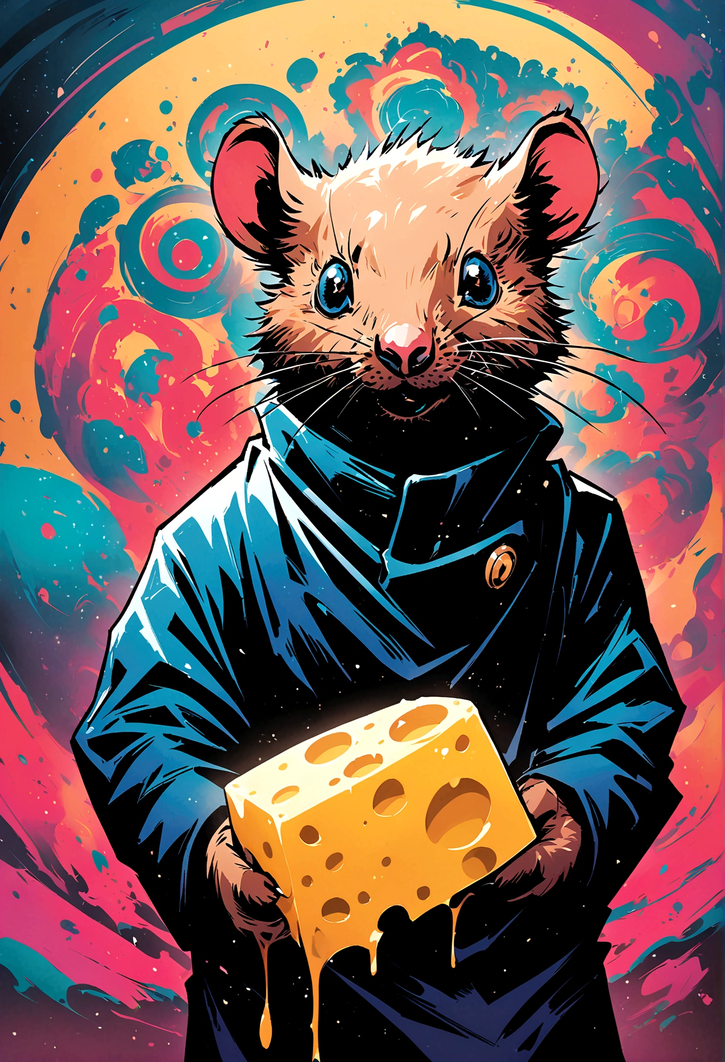 (jujutsu kaisen art style), rat holding cheese, non human, no humans, artwork
