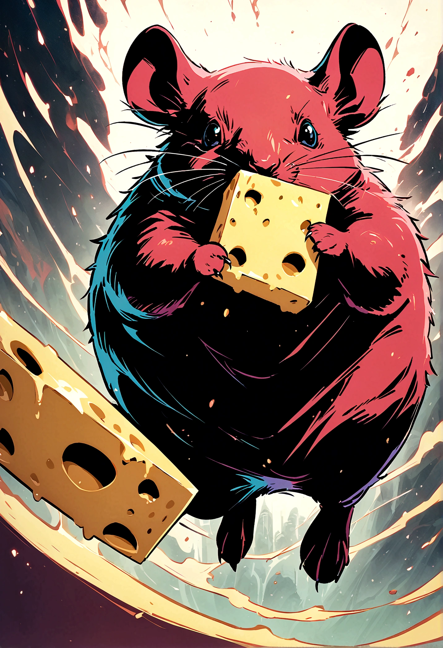 (jujutsu kaisen art style), rat holding cheese, non human, no humans, artwork