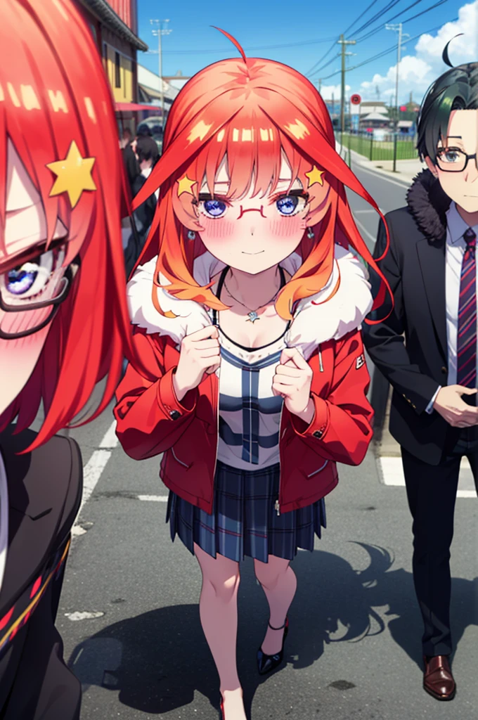 itsukinakano, itsuki nakano, bangs, blue eyes, Hair between the eyes, Ahoge, Redhead, star \(symbol\), hair ornaments, star hair ornaments,Glasses,smile,blush,Red jacket, (Checked fur jacket: 1.2), Checked skirt, High heels, necklace, Handbags, Earrings,Walking,Daytime,Clear skies,whole bodyがイラストに入るように,
break outdoors, ビル街
break looking at viewer, whole body,
break (masterpiece:1.2), Highest quality, High resolution, unity 8k wallpaper, (figure:0.8), (Beautiful attention to detail:1.6), Highly detailed face, Perfect lighting, Highly detailed CG, (Perfect hands, Perfect Anatomy),
