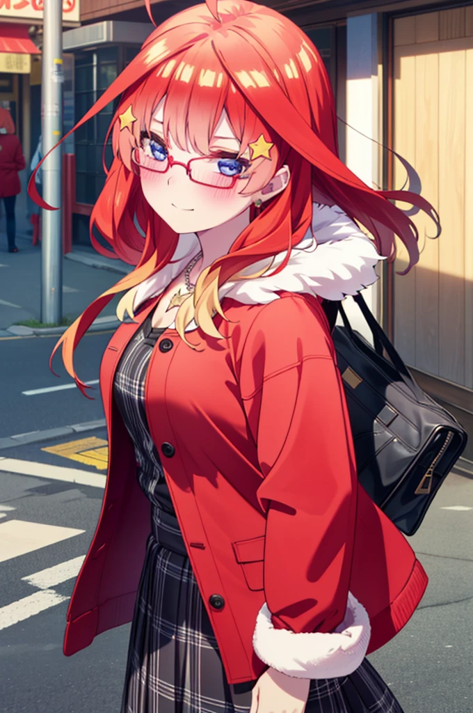 itsukinakano, itsuki nakano, bangs, blue eyes, Hair between the eyes, Ahoge, Redhead, star \(symbol\), hair ornaments, star hair ornaments,Glasses,smile,blush,Red jacket, (Checked fur jacket: 1.2), Checked skirt, High heels, necklace, Handbags, Earrings,Walking,Daytime,Clear skies,whole bodyがイラストに入るように,
break outdoors, ビル街
break looking at viewer, whole body,
break (masterpiece:1.2), Highest quality, High resolution, unity 8k wallpaper, (figure:0.8), (Beautiful attention to detail:1.6), Highly detailed face, Perfect lighting, Highly detailed CG, (Perfect hands, Perfect Anatomy),