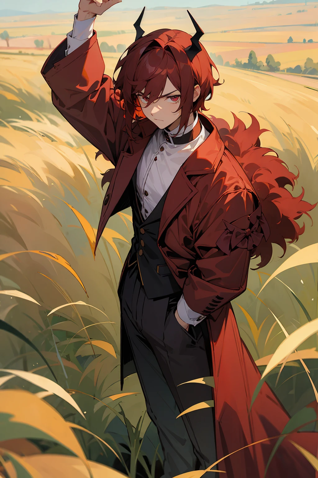 1male, Male, Short Maroon Fluffy Hair, Hazel Eyes, Perfect Generation, Masterpiece Quality, serious expression, Standing in a Field, Demon Horns