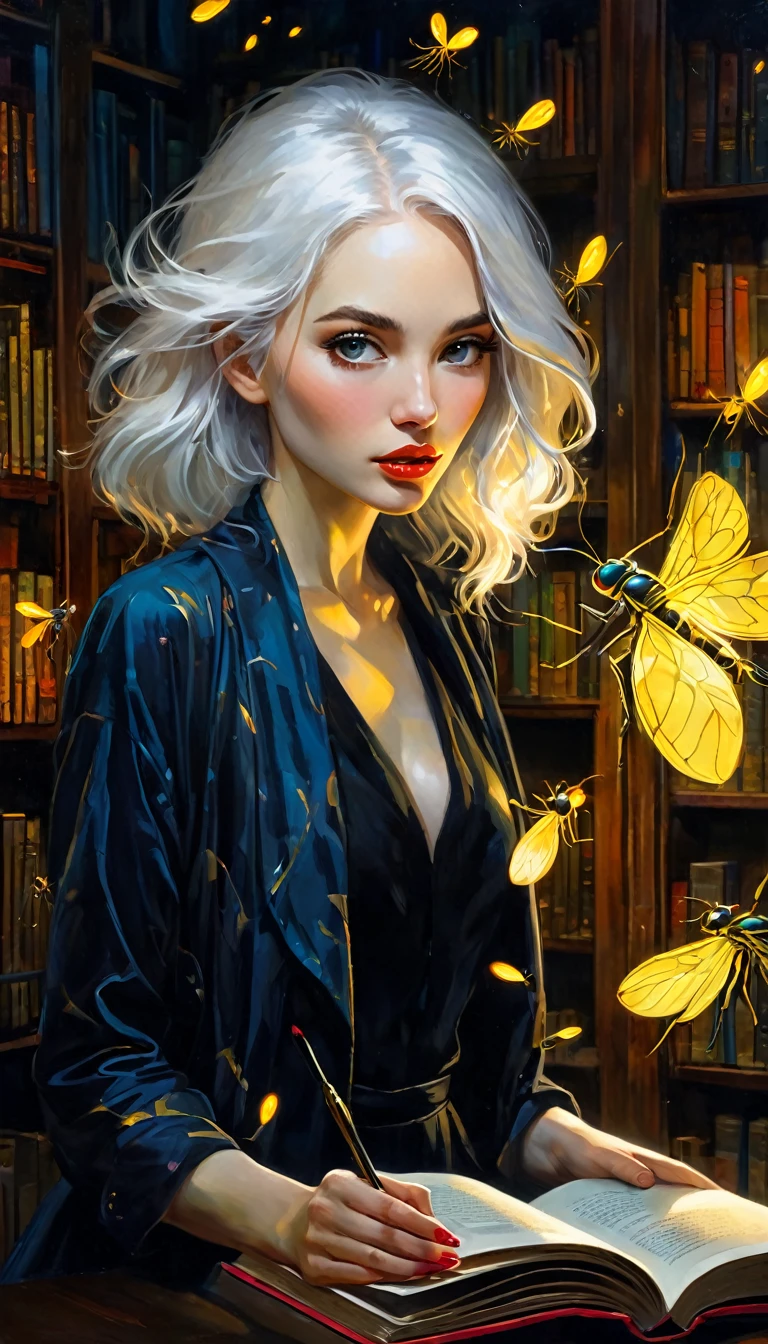 (((Best quality))), (((Ultra detailed))), ((((vivid)))), large library, books, ((particles, fireflies come out of an open book)), nostalgia, fantasy, 1 girl, white hair, sexy (art inspired by Bill Sienkiewicz). oil painting) (best quality,4k,8k,highres,masterpiece:1.2),ultra-detailed,(realistic,photorealistic,photo-realistic:1.37),intricate details,vivid colors,sharp focus,professional,Dave McKean artwork, oil touch of surrealism,oil painting style,portrait,woman,beautiful detailed eyes,beautiful detailed lips,dreamlike atmosphere,shadow play,soft lighting,playful pose,library,dark hues,ethereal background,fantasy elements,texture,layered composition.
