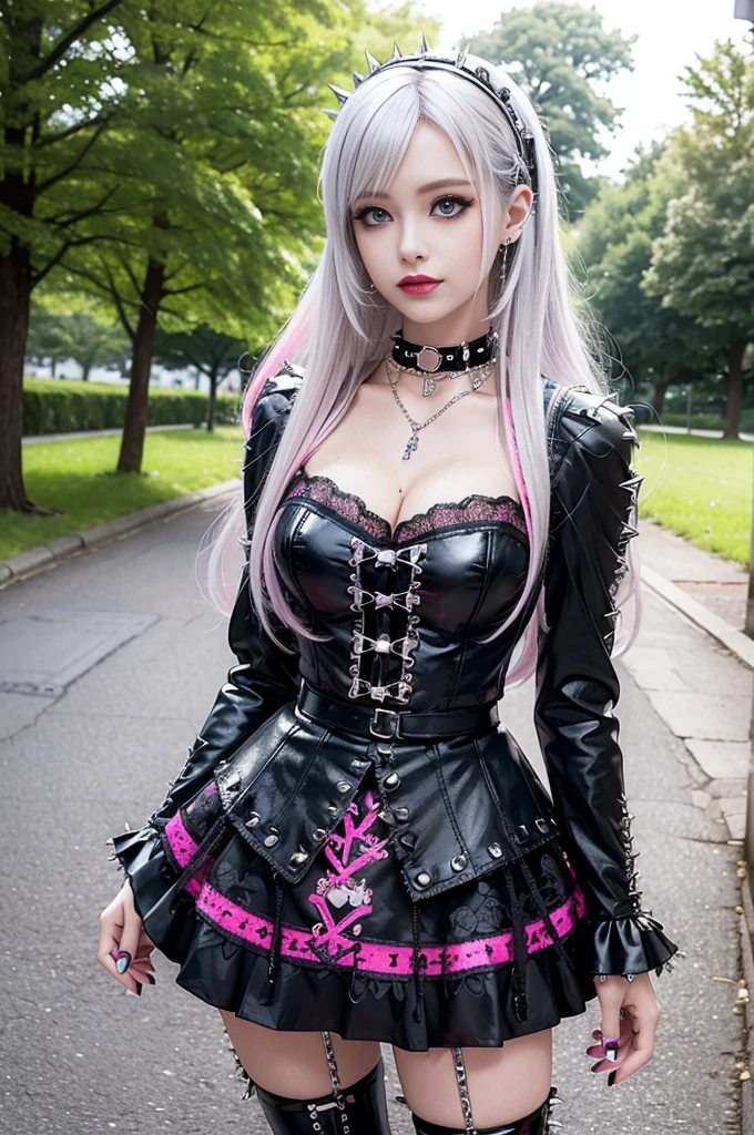 sexy stylish Swedish model, only 1 female, ((doll-like appearance)), long neon pink stylish hair, ((shiny Punk-Style boots)), (happy smile), ultra detailed eyes, Punk makeup, lipgloss, ((sexy Punk Lolita cosplay)), unconventional skirt, petticoats, high neckline, ((ultra detailed lace)), ((ultra detailed embroidery)), intricate details, tartan patterns, (silver chains), (silver spikes), (safety pins), Punk Lolita accessoires, Punk Lolita choker, ((large sparkling Punk Lolita jewelry)), cinematic light, detailed large park background with trees