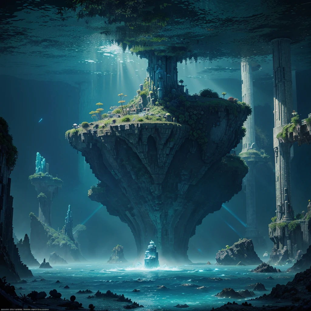 a painting of a fantasy world beyond dimensions,an underwater world,Atlantis,Science fiction,lighting up,studio ghibli,unreal engine,epic composition,Computer generated digital representation,ultra high definition,very detailed technique,triadic color scheme