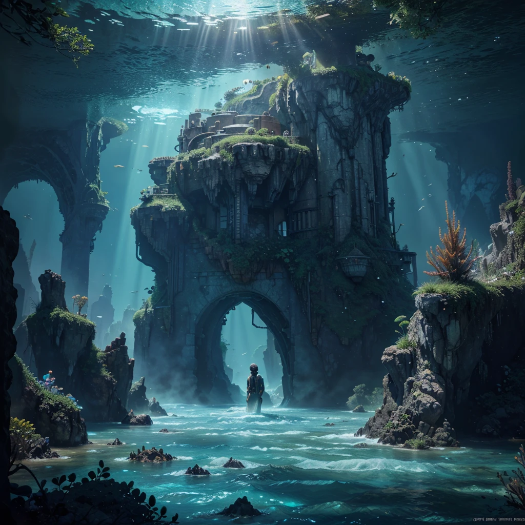 a painting of a fantasy world beyond dimensions,an underwater world,Atlantis,Science fiction,lighting up,studio ghibli,unreal engine,epic composition,Computer generated digital representation,ultra high definition,very detailed technique,triadic color scheme