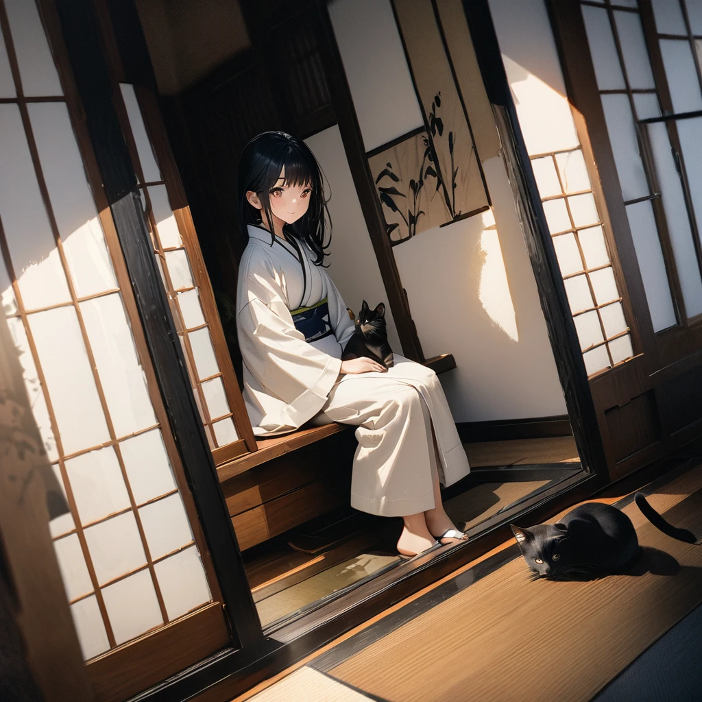 Girl with a cat, Ink Painting, In the tranquility of a traditional Japanese room, A girl wearing a kimono is sitting upright, Her eyes were fixed on the black cat that was perched on the window pane.. , Panoramic View, 8K,((masterpiece:1.4, Highest quality)), Black Hair, Brown eyes, (Depth of written boundary:1.3), Lower Body, High quality scenes, Vivid and photorealistic, Super detailed, 8K, masterpiece, elegant, Beautiful summer sky, Warm atmosphere, Clear lines, Official Art, Professional, Ultra high definition