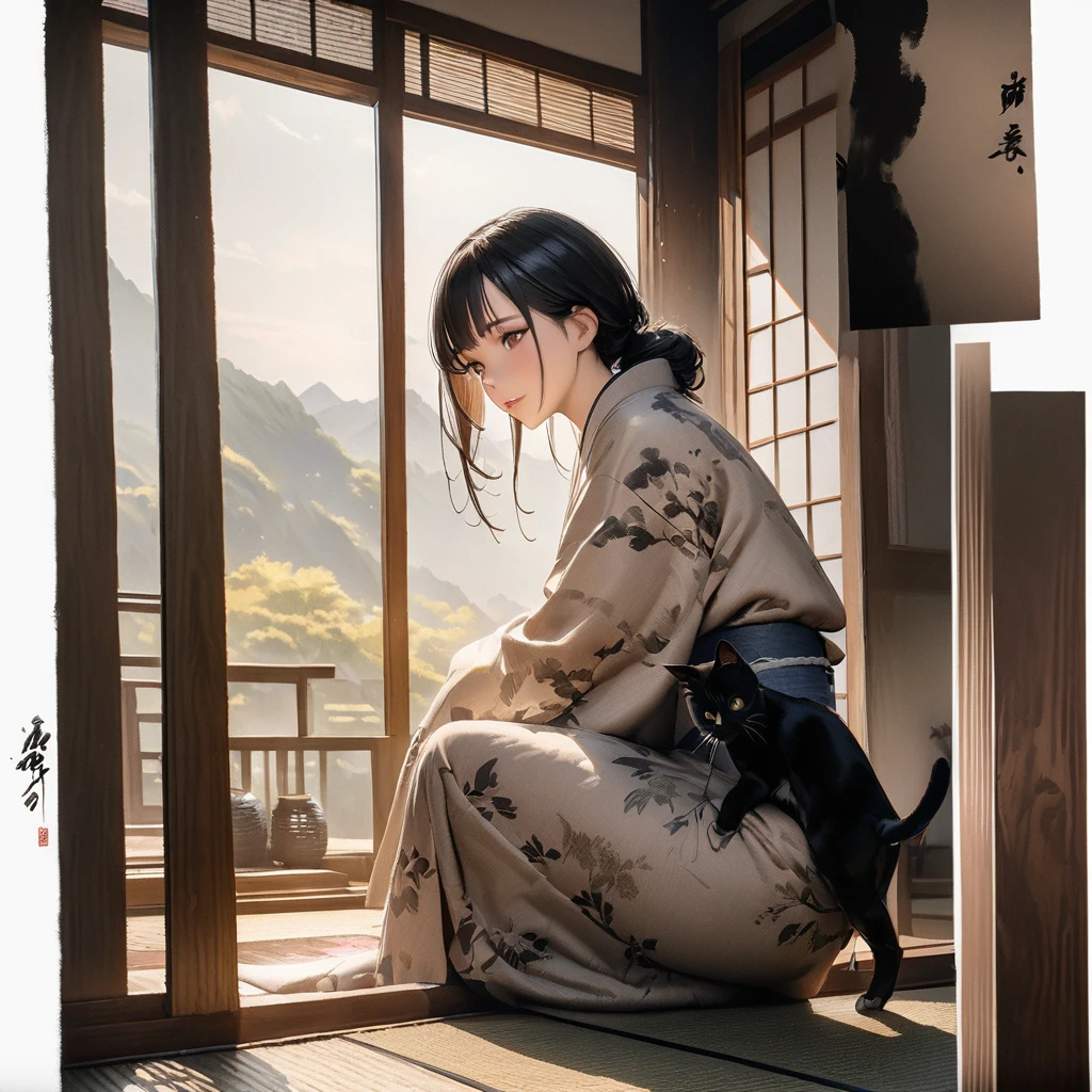 Girl with a cat, Ink Painting, In the tranquility of a traditional Japanese room, A girl wearing a kimono is sitting upright, Her eyes were fixed on the black cat that was perched on the window pane.. , Panoramic View, 8K,((masterpiece:1.4, Highest quality)), Black Hair, Brown eyes, (Depth of written boundary:1.3), Lower Body, High quality scenes, Vivid and photorealistic, Super detailed, 8K, masterpiece, elegant, Beautiful summer sky, Warm atmosphere, Clear lines, Official Art, Professional, Ultra high definition