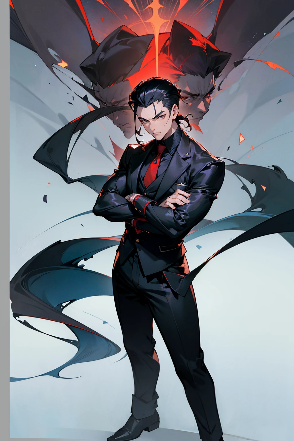 Masterpiece Quality, Perfect Generation, Sclera, Detailed Eyes, Skin, Black Slicked Back Hair, Muscular, Dress Suit, Bored Expression, , Night Kingdom Background, Full Body, Skin, , Teen, , male, facing viewer, Standing Outside, Red Cat Eyes, Slit Sclerea, Muzan