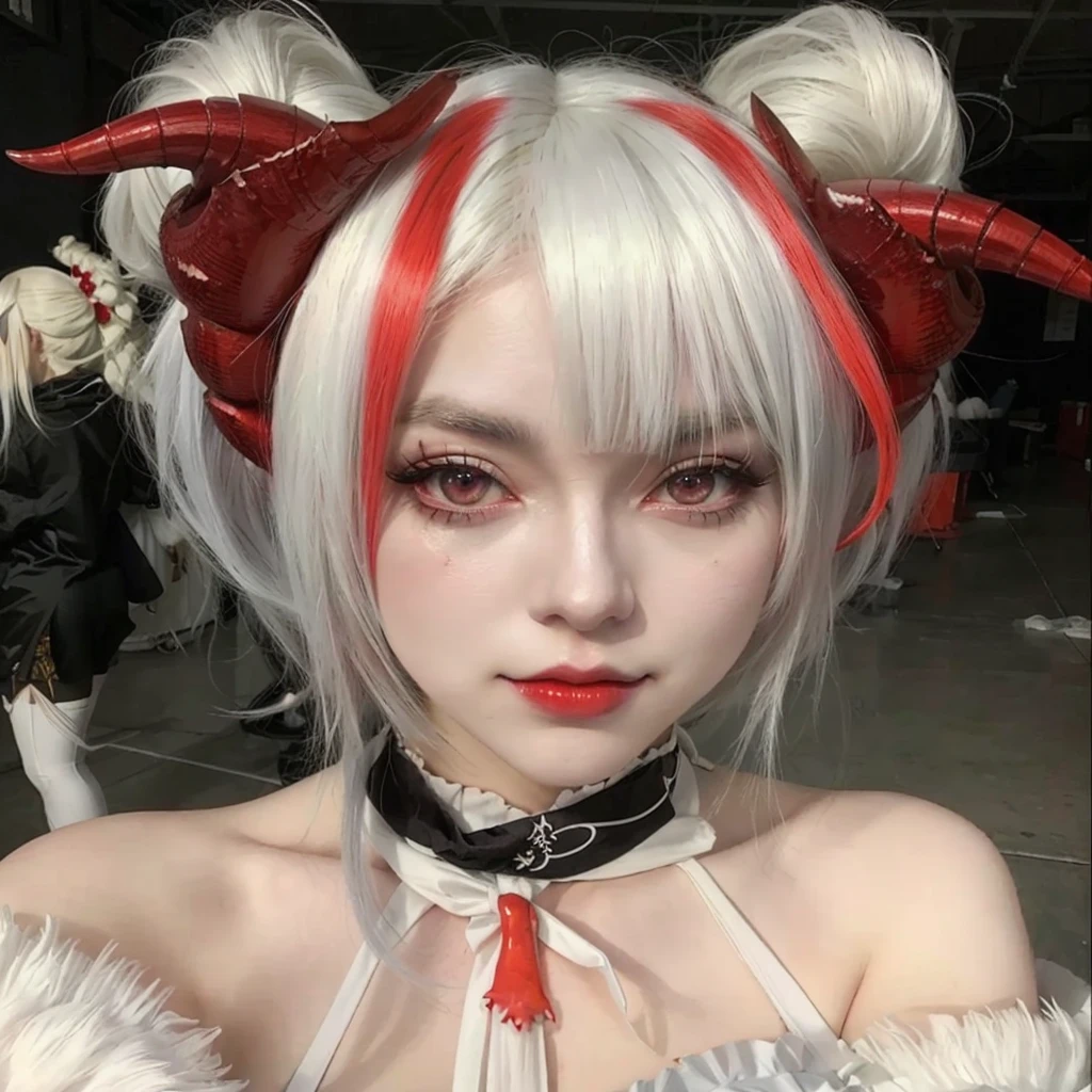 there is a woman with white hair and red horns on her head, Cosplay de garota de anime, cosplay de anime, white horned queen demon, anime-inspired, mika kurai demon, white hime cut hairstyle, ahegao, anime girl in real life, cosplay, cosplayer dressed as a crab, professional cosplay, tifa lockhart with white hair, demon anime girl, shikamimi