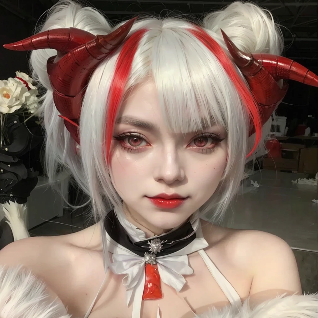 there is a woman with white hair and red horns on her head, Cosplay de garota de anime, cosplay de anime, white horned queen demon, anime-inspired, mika kurai demon, white hime cut hairstyle, ahegao, anime girl in real life, cosplay, cosplayer dressed as a crab, professional cosplay, tifa lockhart with white hair, demon anime girl, shikamimi