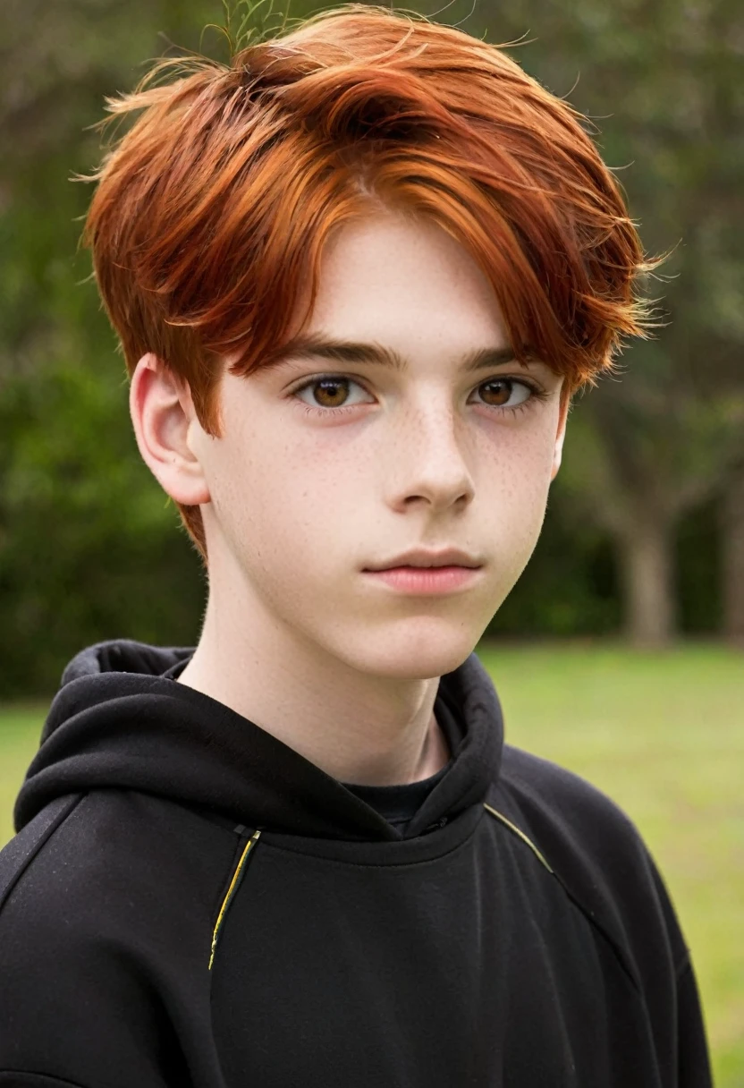 A teenage boy with red hair, Brown eyes, dressed in a black sweatshirt 
