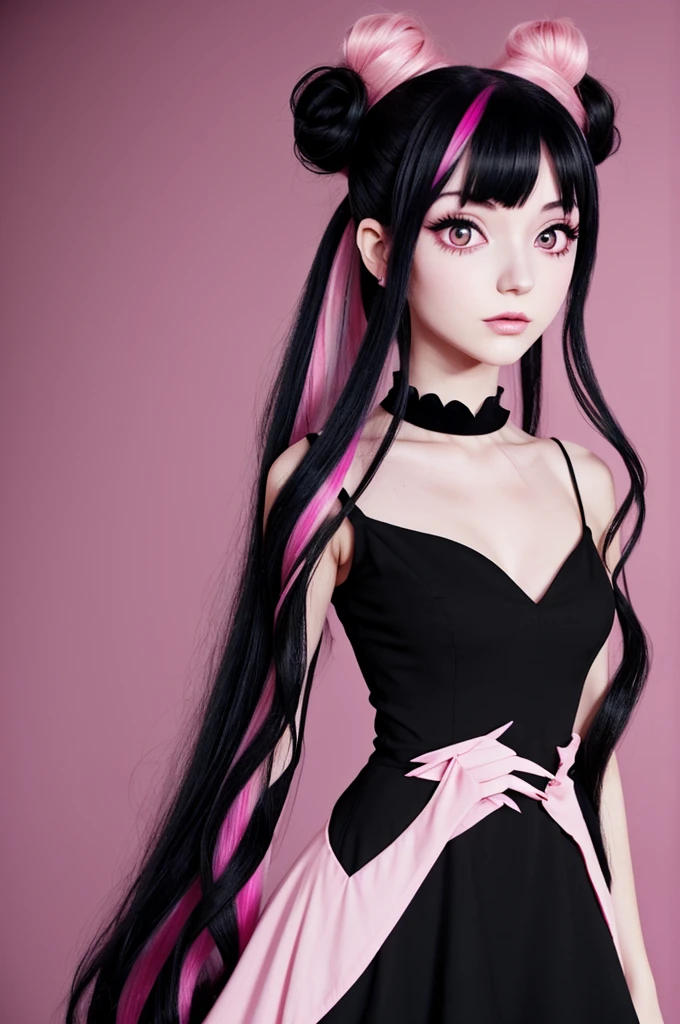 hazbin hotel capture.
Pale girl with long black hair with a pink streak, with bangs, pastel pink eyes.
Wear a short black dress close to the body,hair up with a bun