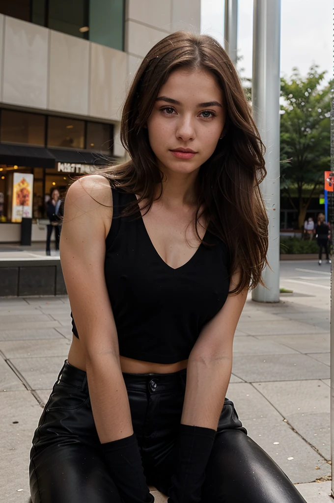 generate me a hyper-realistic image of an 18 year old girl of European and American descent with perfect, well lined eyes and brown eyes, with brown hair, beautiful delicate lips and a thin upturned nose, straight hair, a height of one meter and 60 centimeters, L bust details,and she is sitting outside a mall in the center of the city and is wearing a black leather pants attached with a black polo shirt with V-neck of simple design.
