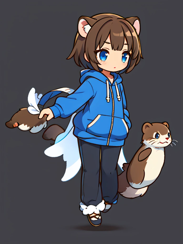 a sea otter with otter ears // with light blue eyes // a dark blue hoodie // brown hair with gray and white highlights ((half of the body)) (A person)