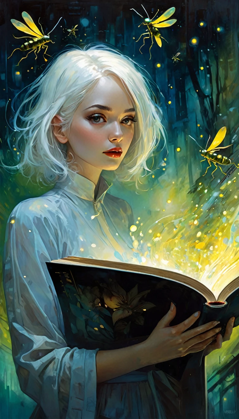 (((Best quality))), (((Ultra detailed))), ((((vivid)))), large library, books, ((particles, fireflies come out of an open book)), nostalgia, fantasy, 1 girl, white hair, sexy (art inspired by Bill Sienkiewicz). oil painting) (best quality,4k,8k,highres,masterpiece:1.2),ultra-detailed,(realistic,photorealistic,photo-realistic:1.37),intricate details,vivid colors,sharp focus,professional,Dave McKean artwork, oil touch of surrealism,oil painting style