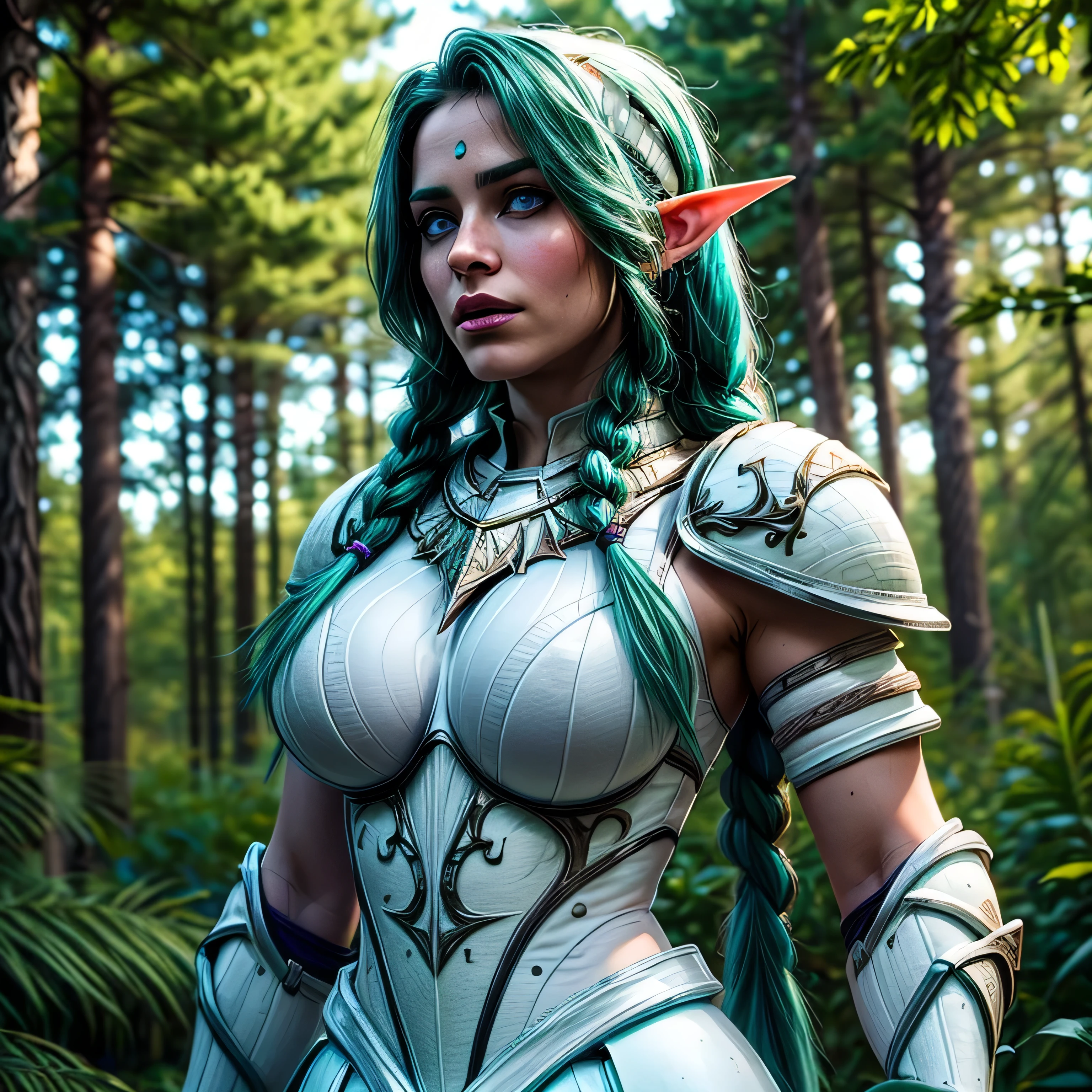 (masterpiece, photorealistic:1.4, extremely intricate:1.3), (photon mapping, radiosity, physically based rendering, ultra resolution, hyper-realistic, 8K), ((beautiful tyrande stand up twin braids, green eyes, ((((white armor)), [medium breasts:large breasts:0.3], [skin detail:freckles:0.9])), pauldrons, forest, upper torso)), background outdoor, flowers, glowing butterflies, bokeh, sunset, [aqua hair:blonde hair:0.8]