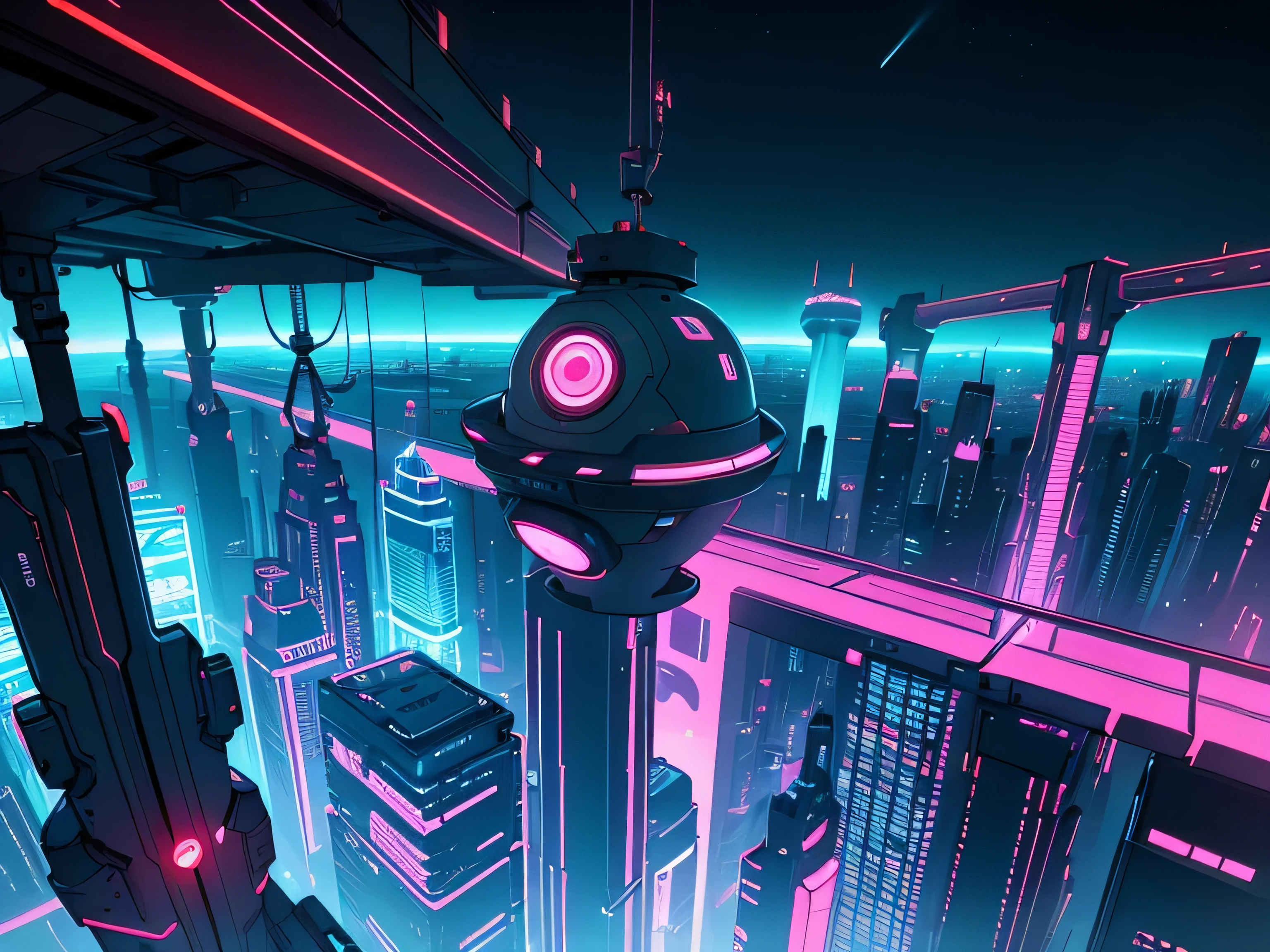Top view of a transport capsule jutting out over a vast and endless sea of urban buildings, with neon glows of varying colors.
colors and dark red tube magnetic rails that attach them to the upper level of the immense futuristic city, like
floating chains that anchor the different levels together. cyberpunk night theme