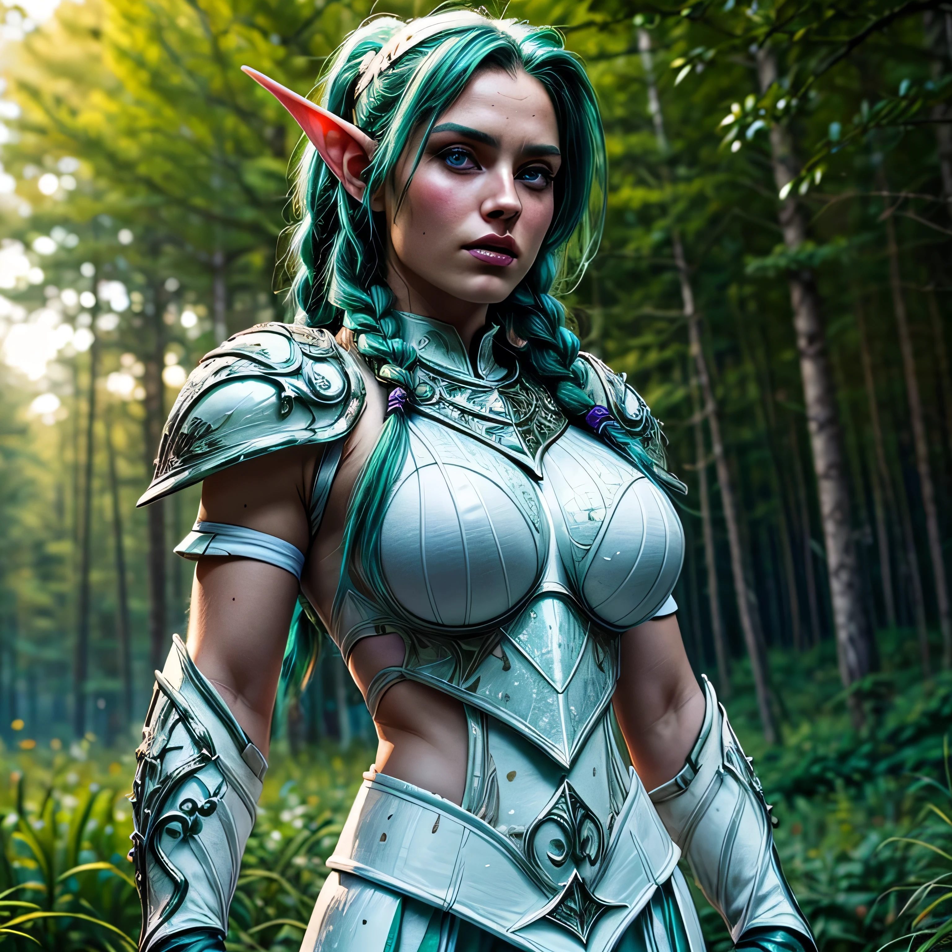 (masterpiece, photorealistic:1.4, extremely intricate:1.3), (photon mapping, radiosity, physically based rendering, ultra resolution, hyper-realistic, 8K), ((beautiful tyrande stand up twin braids, green eyes, ((((white armor)), [medium breasts:large breasts:0.3], [skin detail:freckles:0.9])), pauldrons, forest, upper torso)), background outdoor, flowers, glowing butterflies, bokeh, sunset, [aqua hair:blonde hair:0.8]