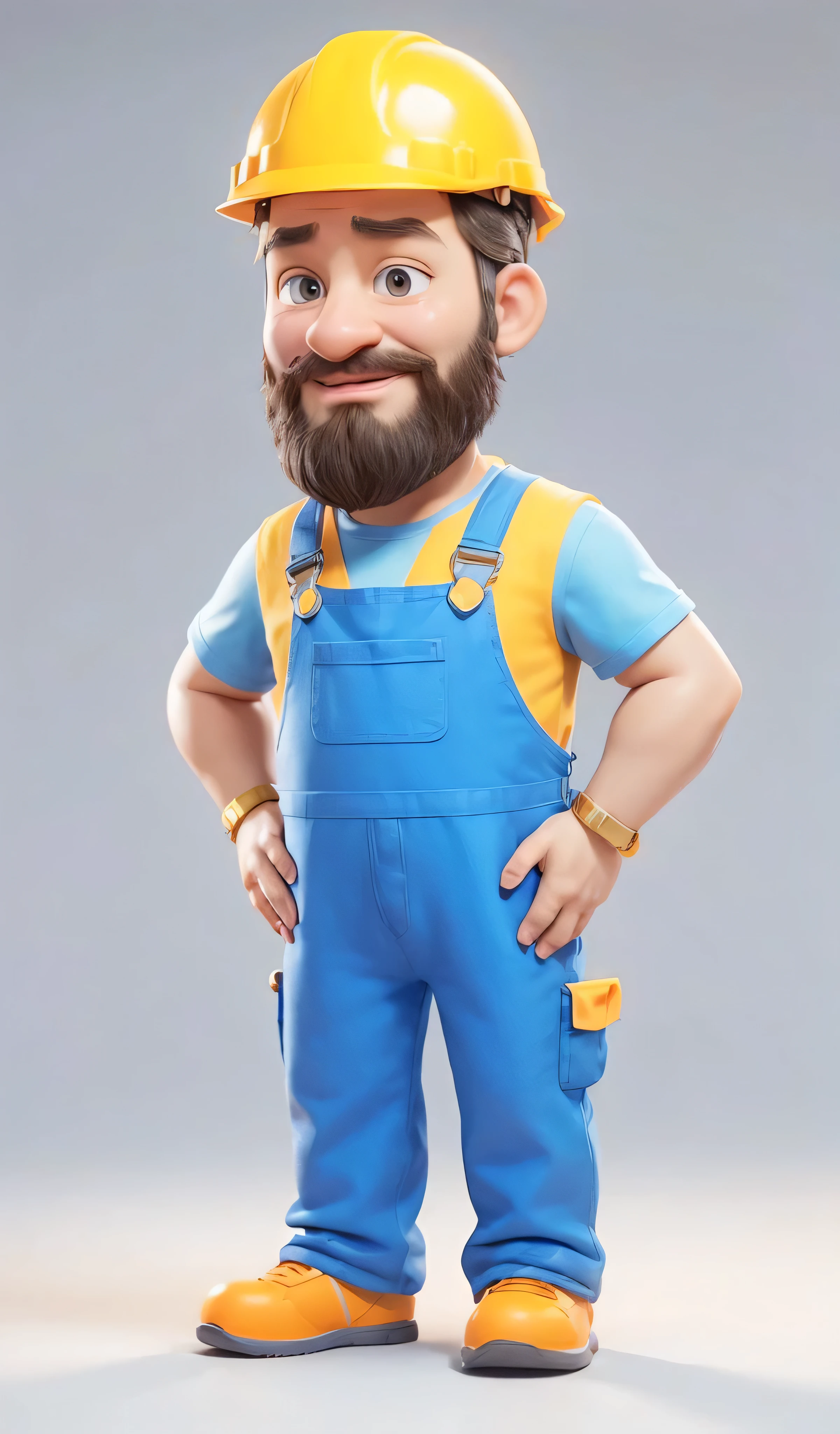 Illustration of a middle-aged renovation worker, white men, wearing a beard. Full-body image. plain gray background, well-lit, He must be wearing a blue jumpsuit and an orange helmet on his head.. The illustration must be done in pixar style. the character is pointing with one hand to the side, indicating a product. is an animated character, stylized character, animation style rendering, 3d stylized, Arnold Maya rendering, Stylized 3D rendering, toon render screenshot, 3d character, 3d character, Stylized 3D rendering, 3D character rendering, cartoon character. full body character pose, (Pixar-style) (master part:1.2) (bokeh) (best qualityer) (Detailed white skin) (detailed texture) (8K) (Argilla) (cinematic lighting) (sharp focus) Pixar-style