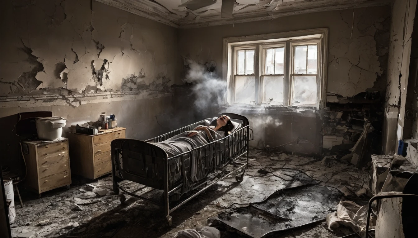 Description for highly realistic image:
Show the same woman in the final moment of childbirth, with an expression of exhaustion and imminent relief. She's making the last effort, with closed eyes and clenched teeth. Your hand holds your companion's hand, now with an expression of support and hope.
foreground:
The room is in complete chaos, with equipment knocked over and a strong light shining directly on the woman. Shadows are deep and dramatic, accentuating the intensity of the moment.
Second plan:
Healthcare professionals are focused and working frantically, with expressions of determination and urgency. The cracks in the walls are getting bigger, and parts of the ceiling appear to be collapsing.
fund:
The apocalyptic scenario is completely visible, with burning buildings, explosions and a violent storm in the sky. The strong, relentless light illuminates the scene in an almost surreal way..
Camera:
dslr, lente 24-70mm f/2.8, 1/125 sec, f/8, ISO 800.